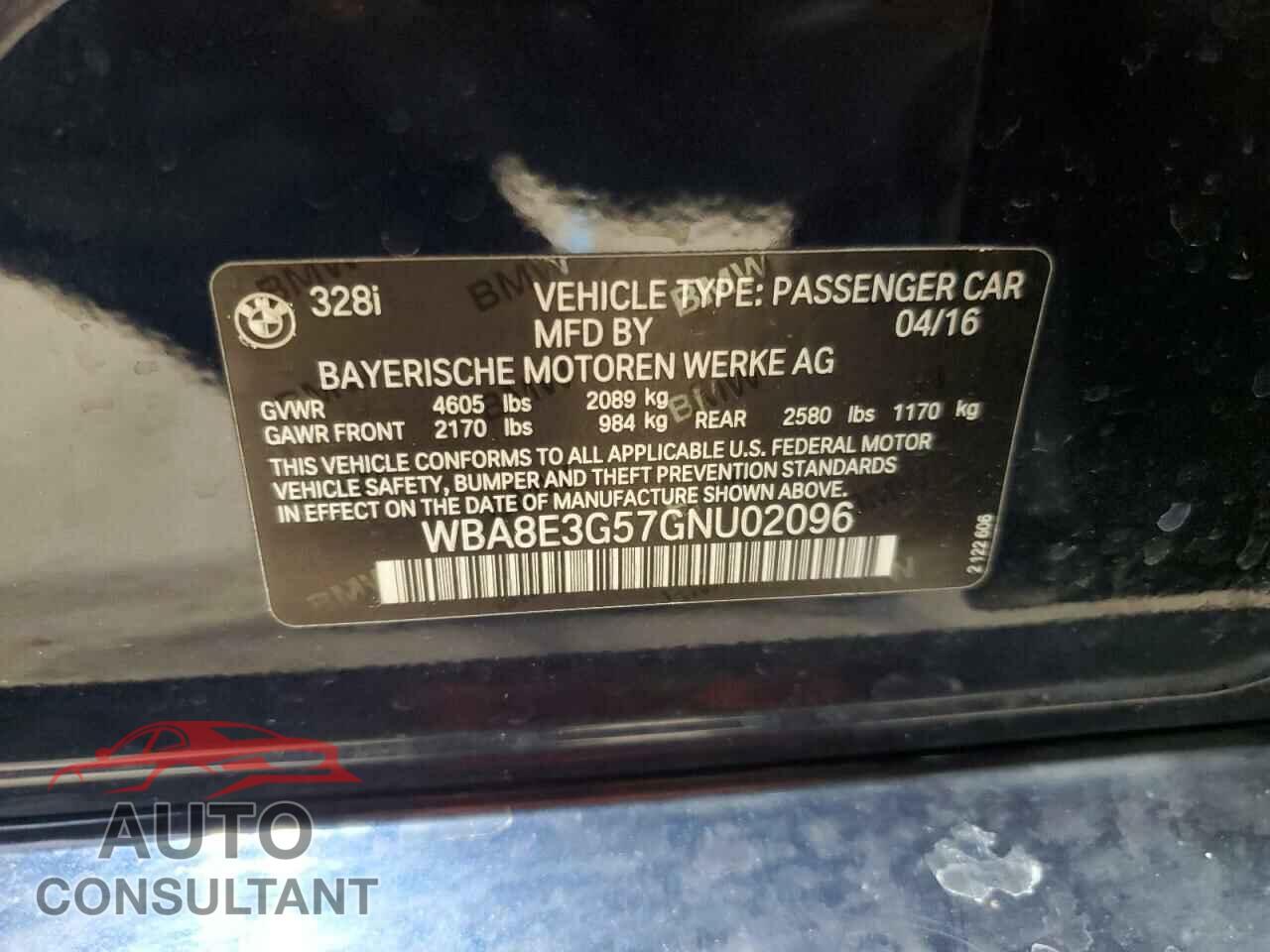 BMW 3 SERIES 2016 - WBA8E3G57GNU02096