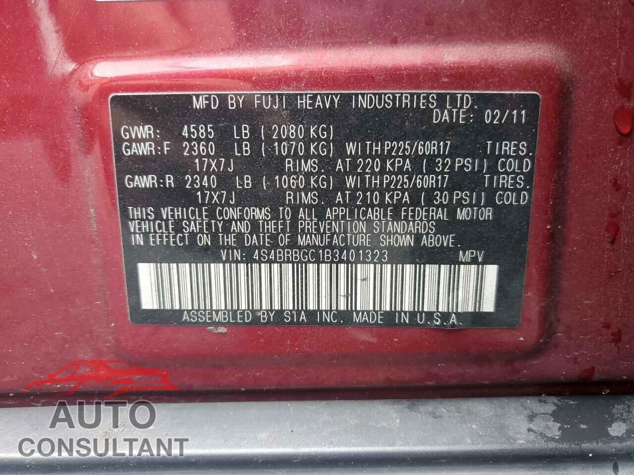 SUBARU OUTBACK 2011 - 4S4BRBGC1B3401323