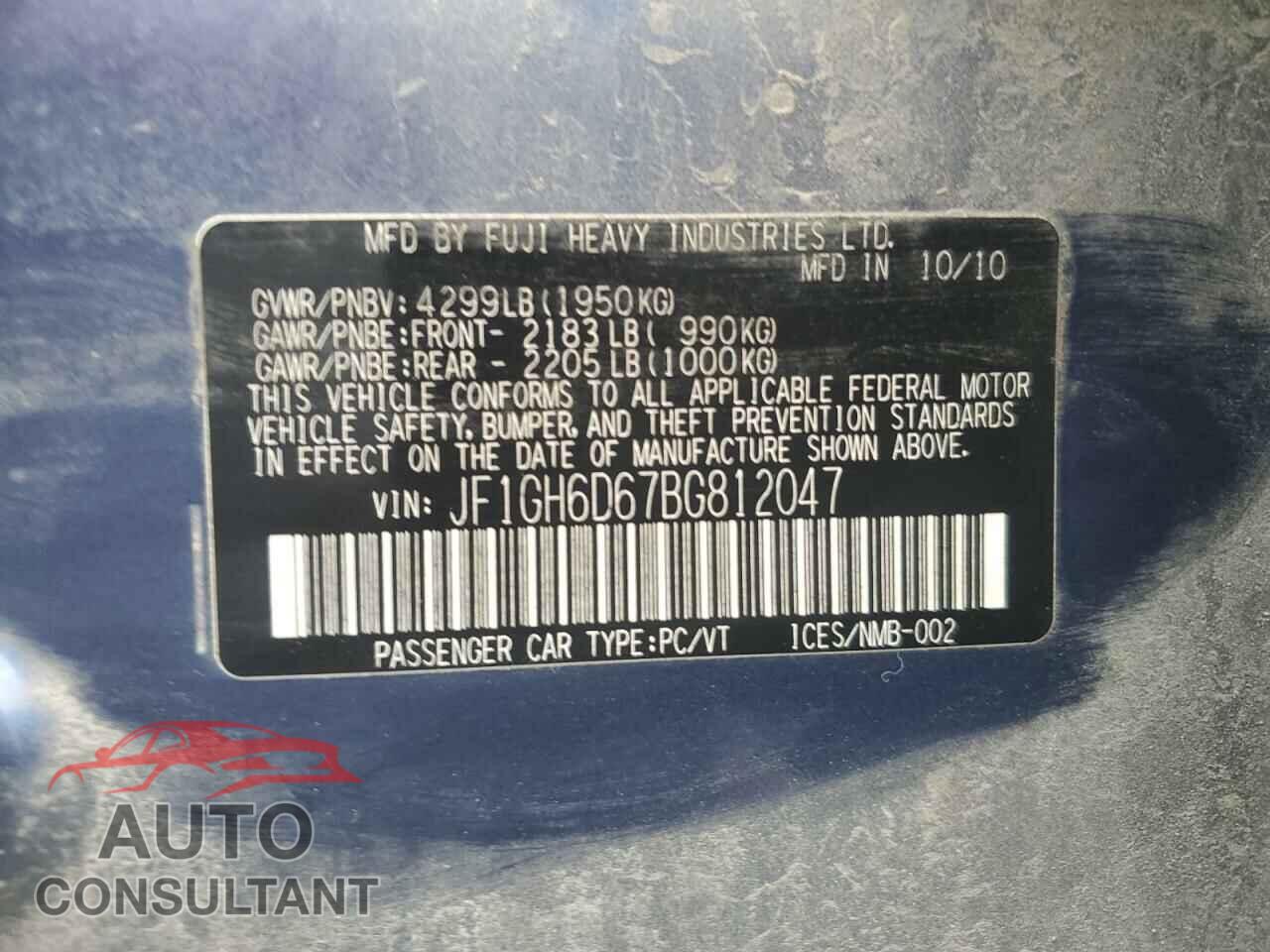 SUBARU IMPREZA 2011 - JF1GH6D67BG812047