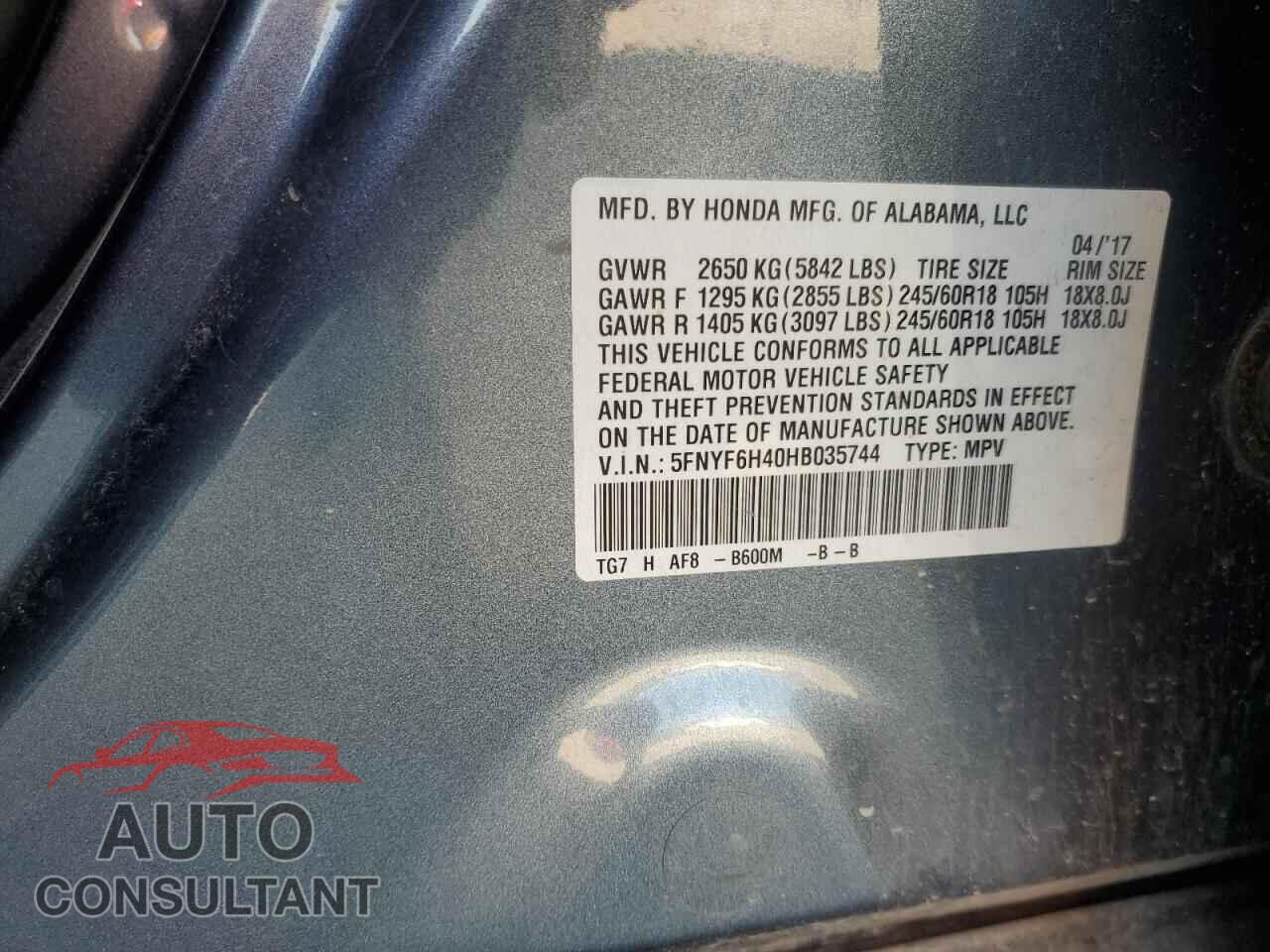HONDA PILOT 2017 - 5FNYF6H40HB035744