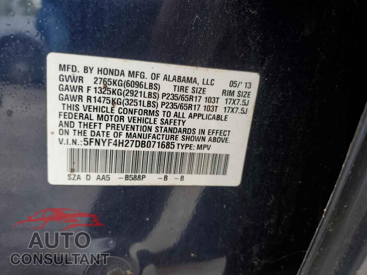 HONDA PILOT 2013 - 5FNYF4H27DB071685