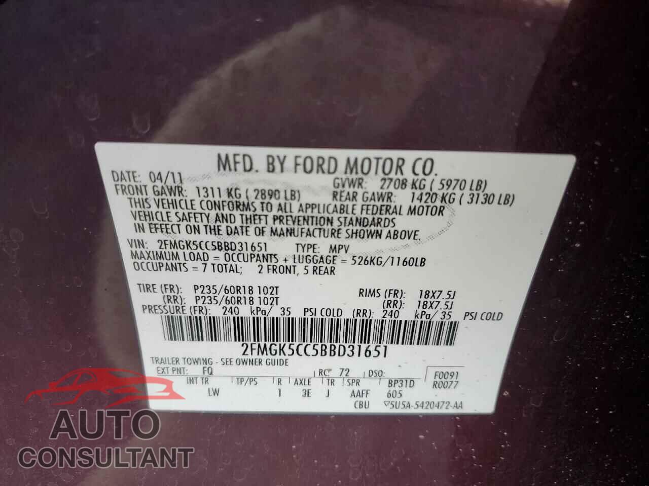 FORD FLEX 2011 - 2FMGK5CC5BBD31651
