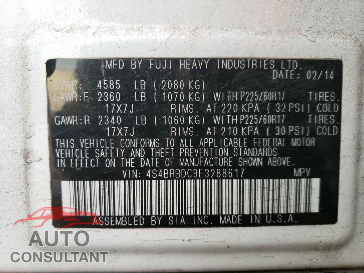 SUBARU OUTBACK 2014 - 4S4BRBDC9E3288617