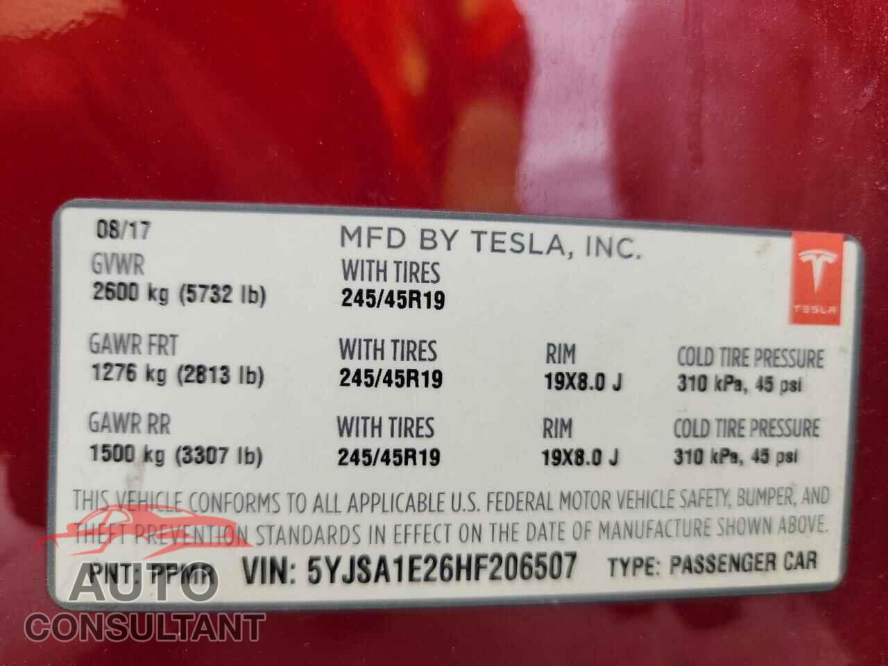 TESLA MODEL S 2017 - 5YJSA1E26HF206507