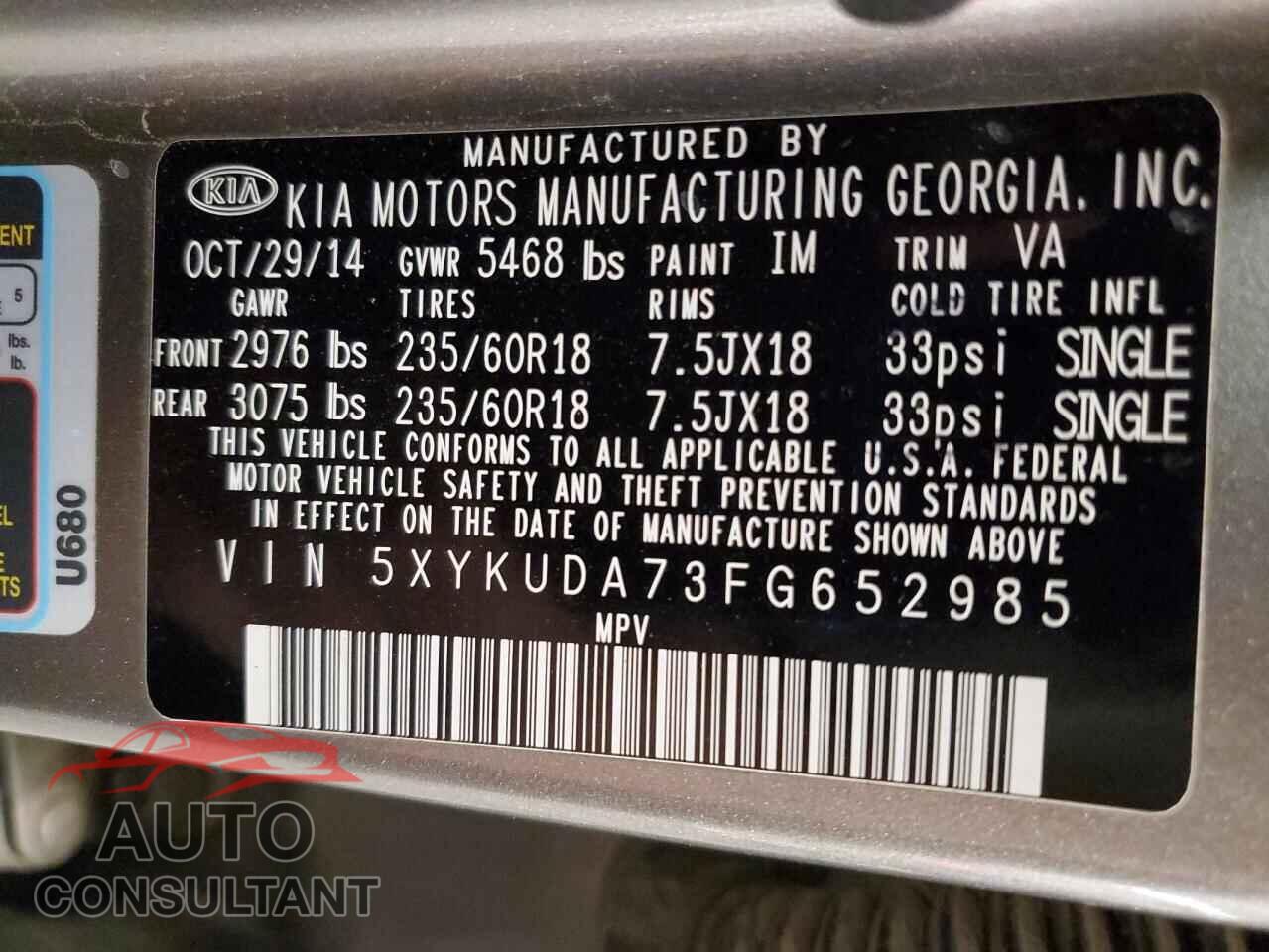 KIA SORENTO 2015 - 5XYKUDA73FG652985