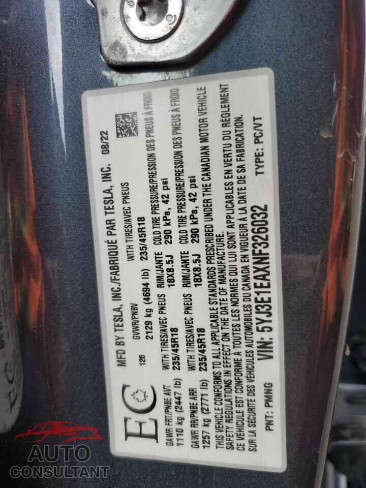 TESLA MODEL 3 2022 - 5YJ3E1EAXNF326032