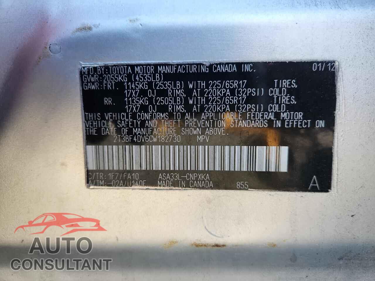 TOYOTA RAV4 2012 - 2T3BF4DV6CW182730