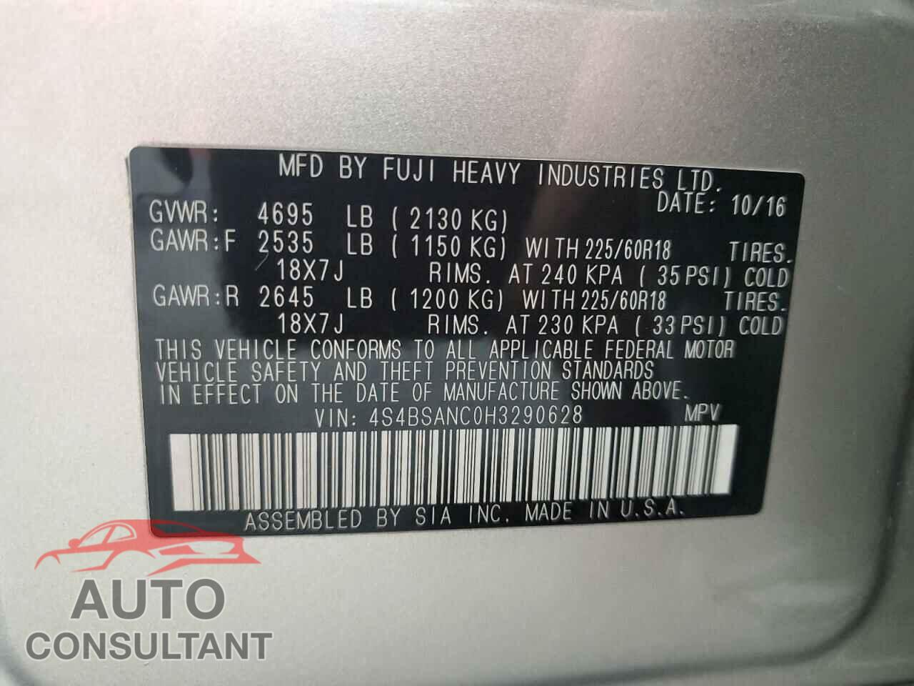 SUBARU OUTBACK 2017 - 4S4BSANC0H3290628