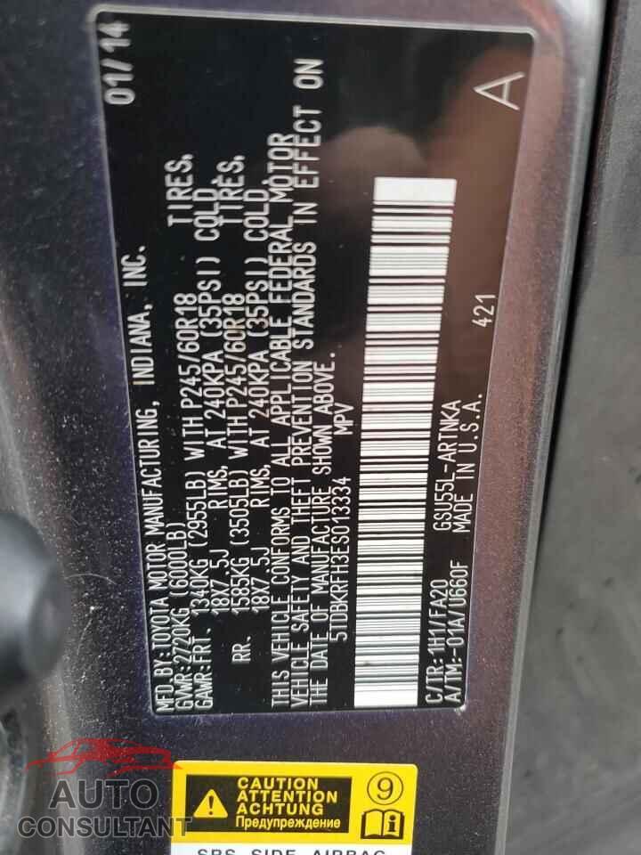 TOYOTA HIGHLANDER 2014 - 5TDBKRFH3ES013334