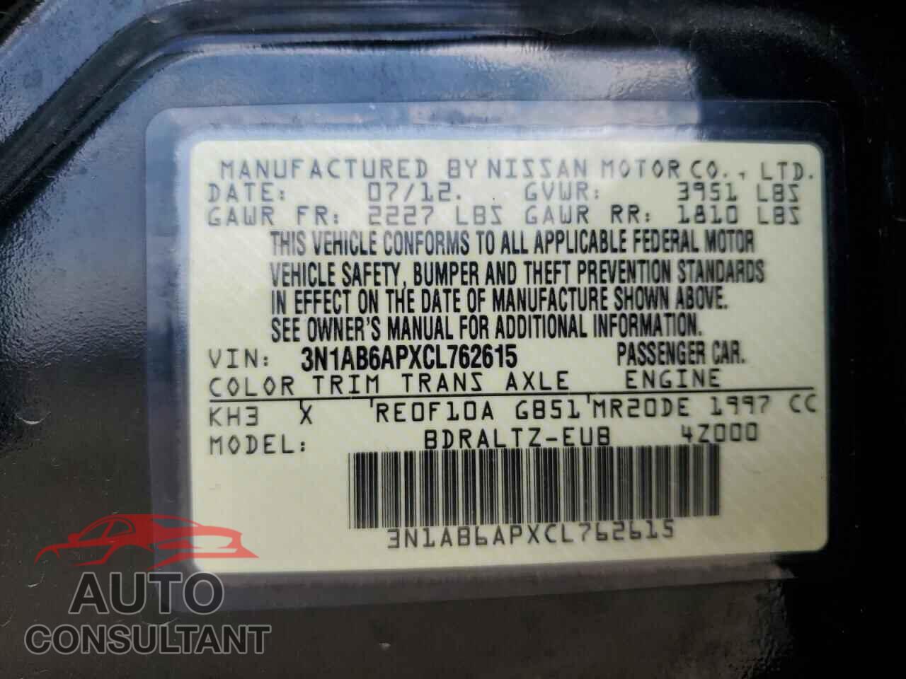 NISSAN SENTRA 2012 - 3N1AB6APXCL762615