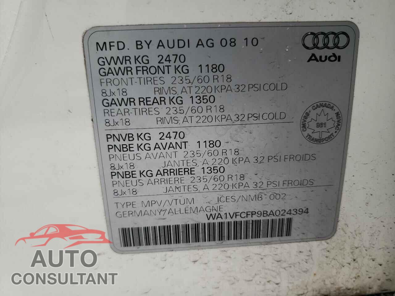 AUDI Q5 2011 - WA1VFCFP9BA024394