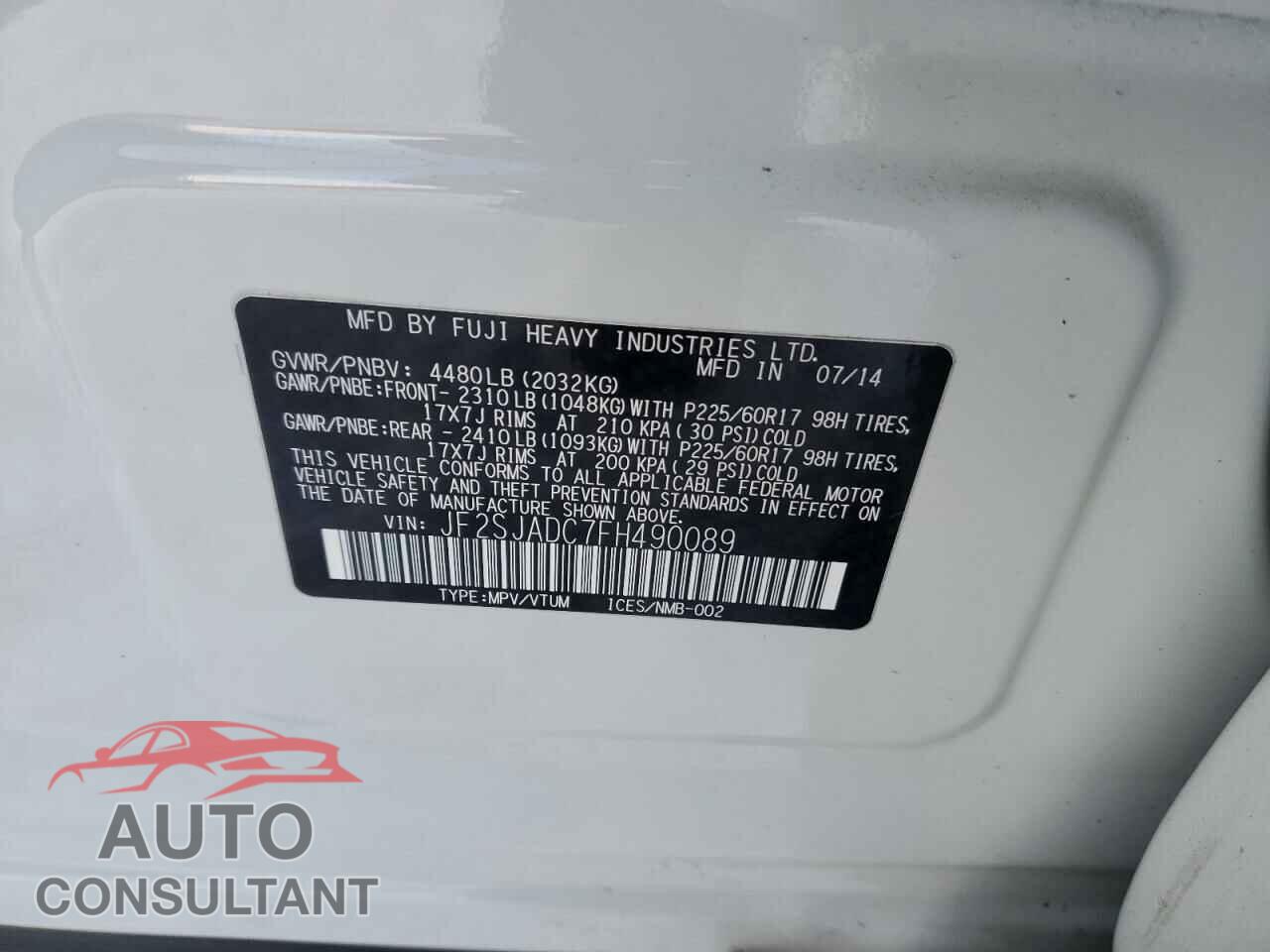 SUBARU FORESTER 2015 - JF2SJADC7FH490089