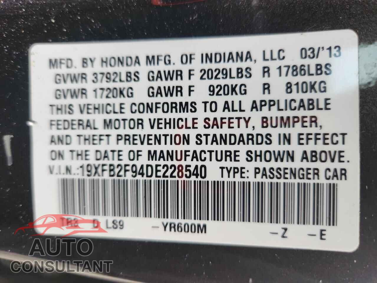 HONDA CIVIC 2013 - 19XFB2F94DE228540