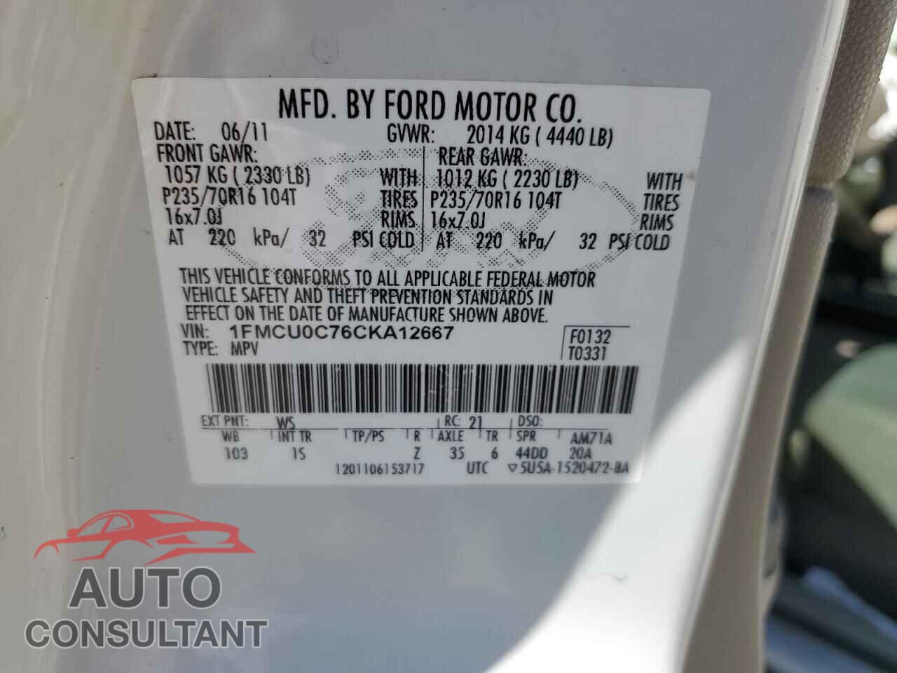 FORD ESCAPE 2012 - 1FMCU0C76CKA12667