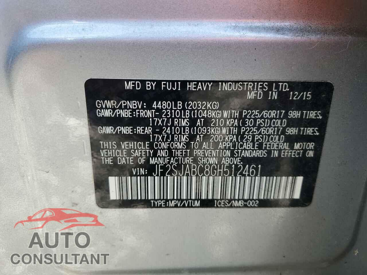 SUBARU FORESTER 2016 - JF2SJABC8GH512461