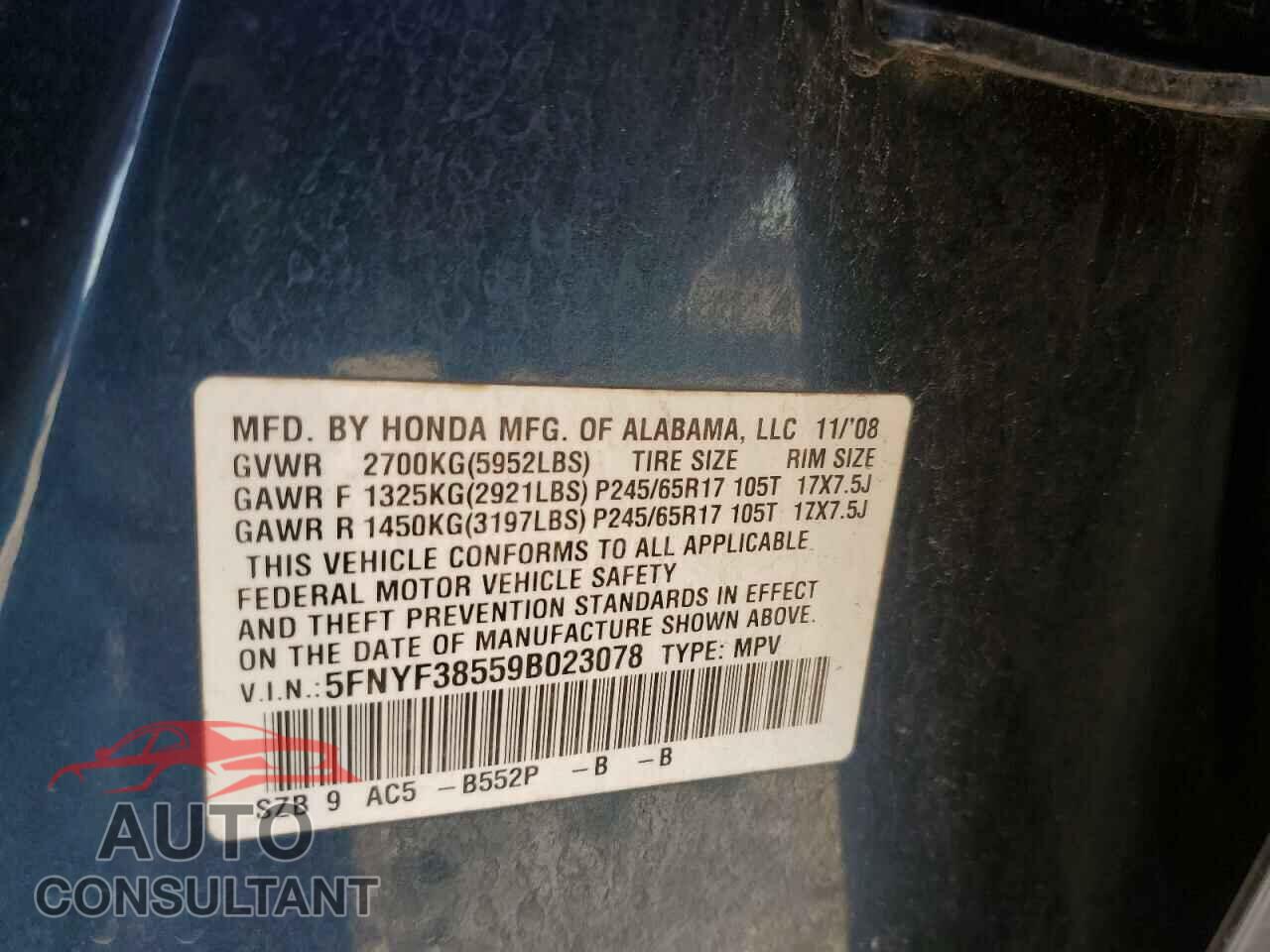 HONDA PILOT 2009 - 5FNYF38559B023078