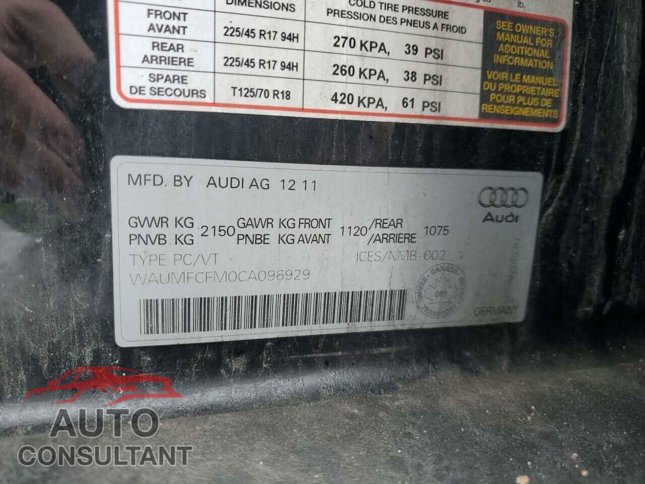 AUDI A3 2012 - WAUMFCFM0CA096929