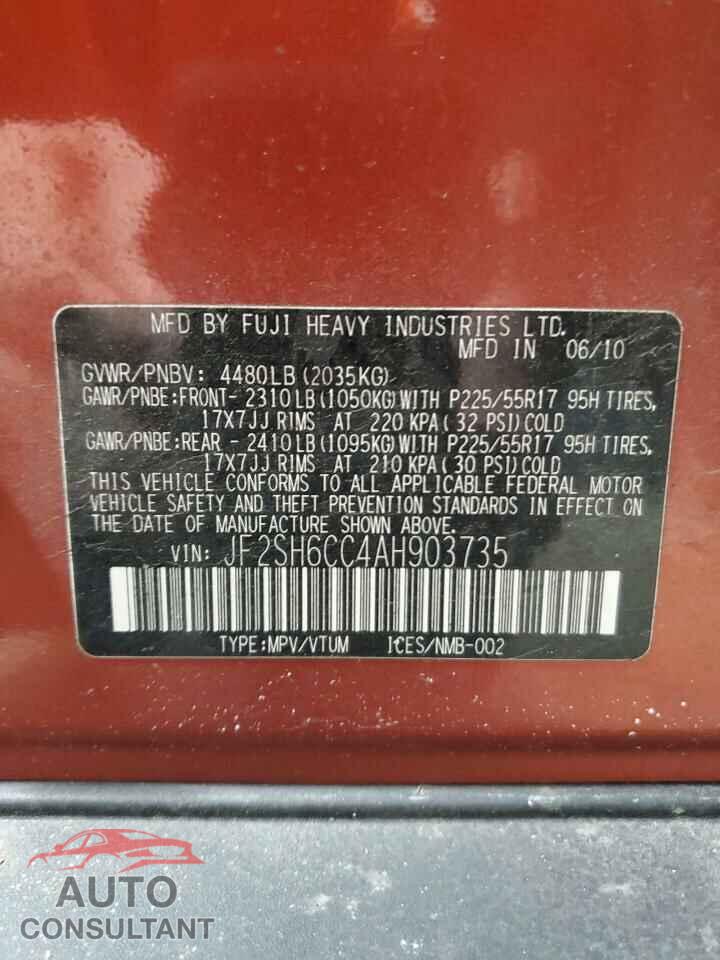 SUBARU FORESTER 2010 - JF2SH6CC4AH903735