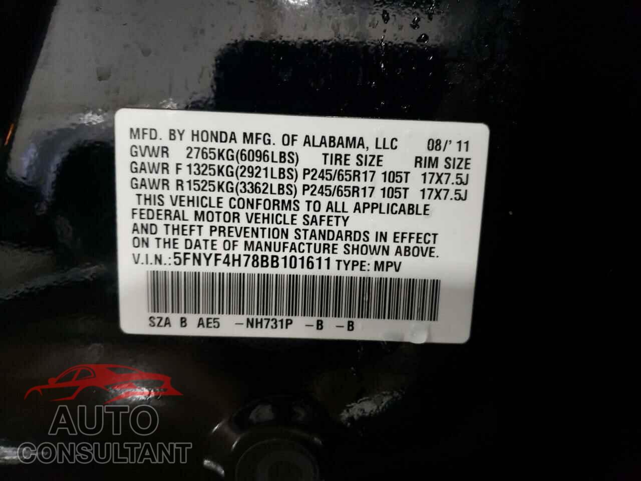 HONDA PILOT 2011 - 5FNYF4H78BB101611