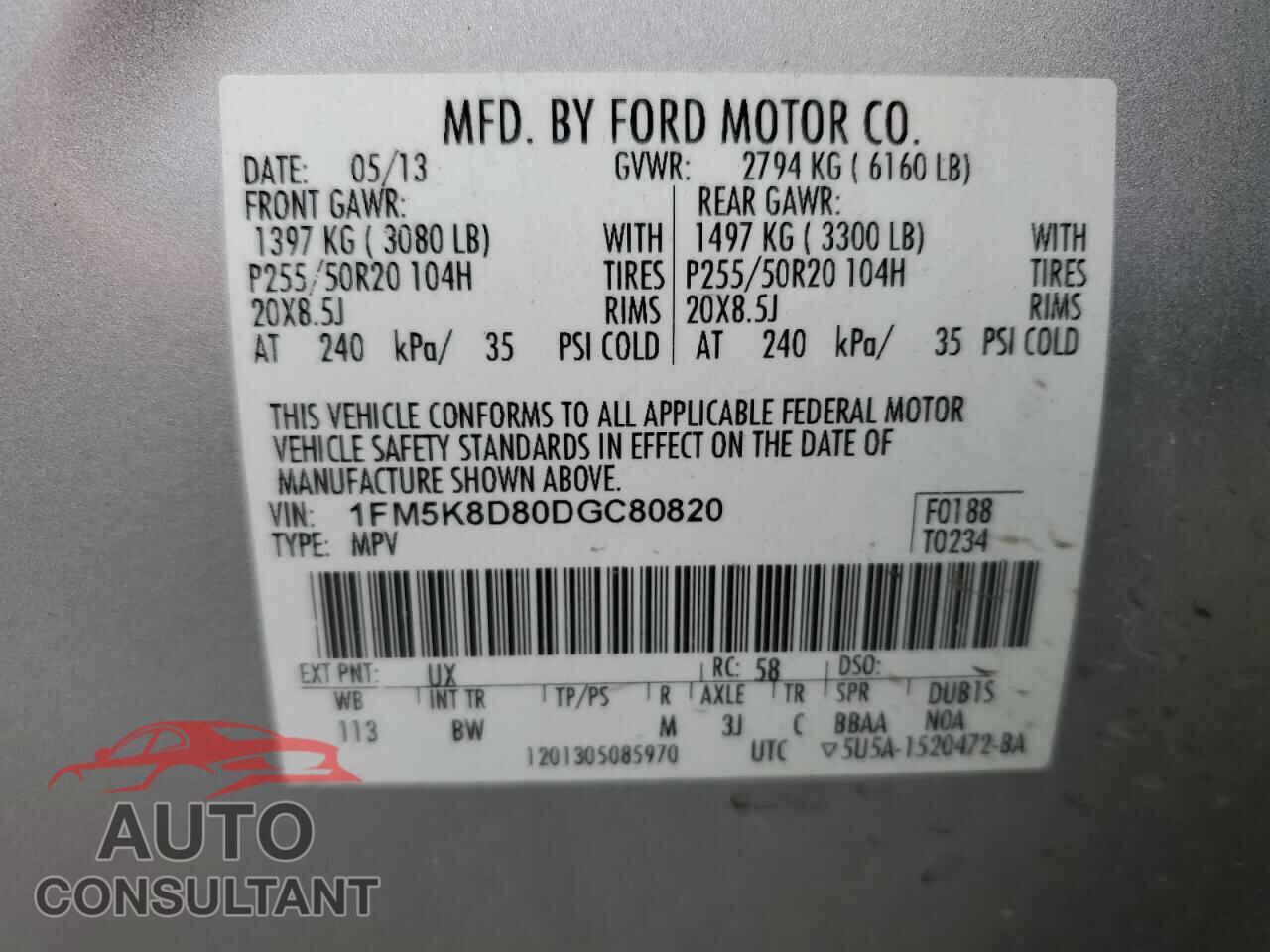 FORD EXPLORER 2013 - 1FM5K8D80DGC80820