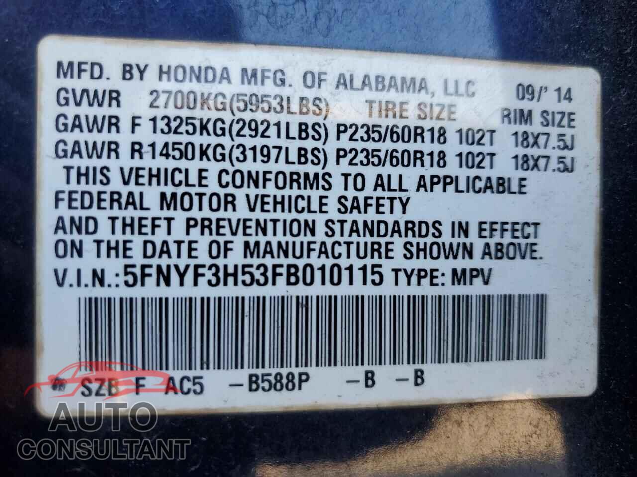 HONDA PILOT 2015 - 5FNYF3H53FB010115
