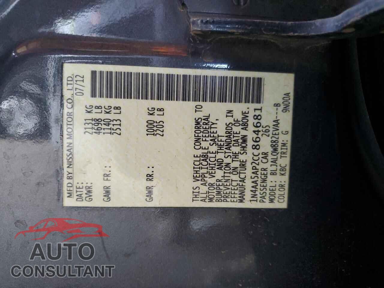 NISSAN MAXIMA 2012 - 1N4AA5AP2CC864681