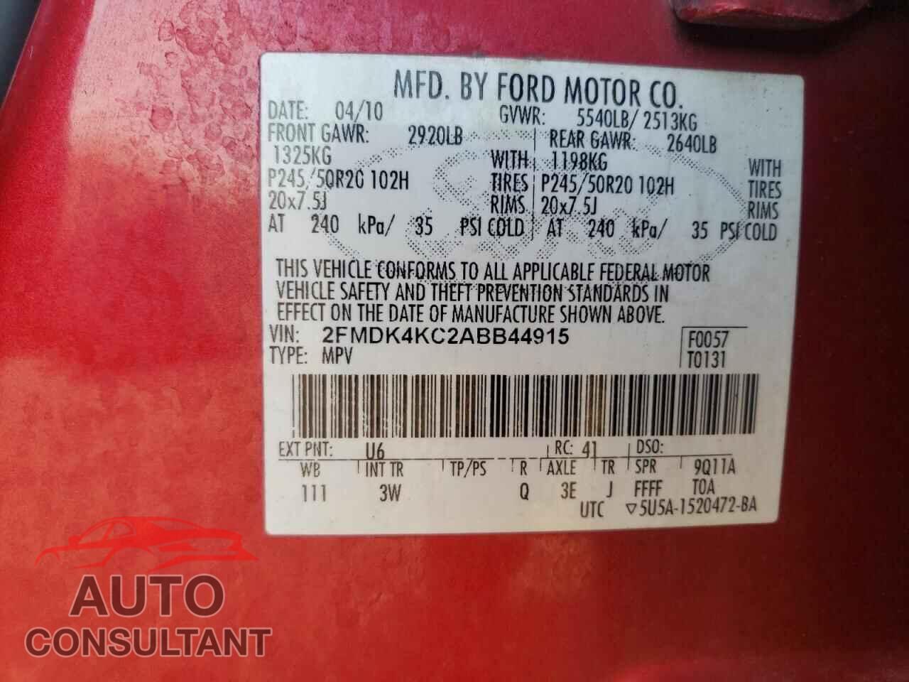 FORD EDGE 2010 - 2FMDK4KC2ABB44915
