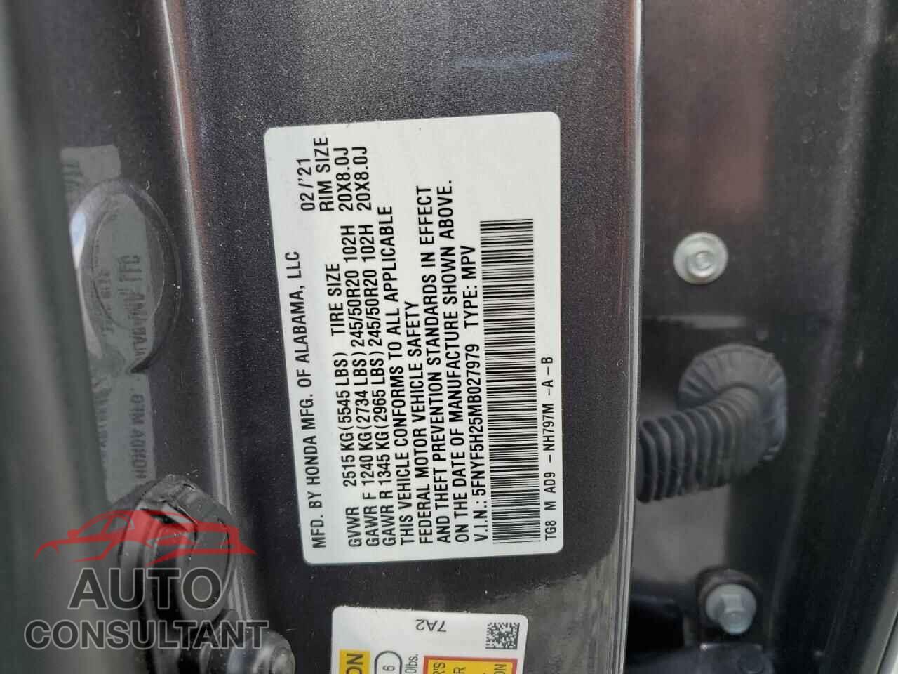 HONDA PILOT 2021 - 5FNYF5H25MB027979