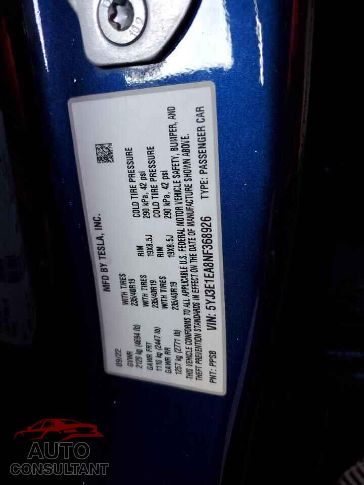 TESLA MODEL 3 2022 - 5YJ3E1EA8NF368926