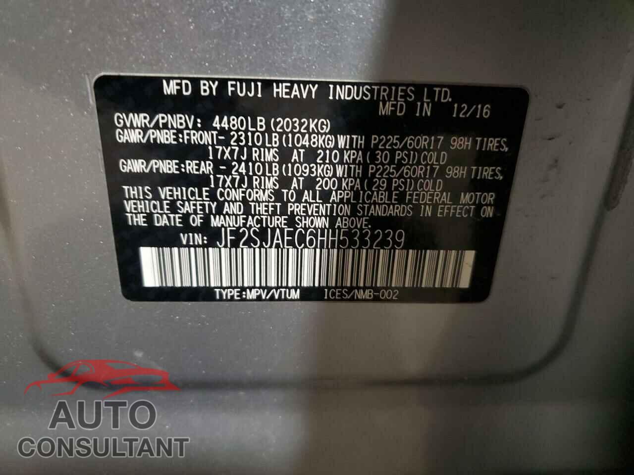 SUBARU FORESTER 2017 - JF2SJAEC6HH533239