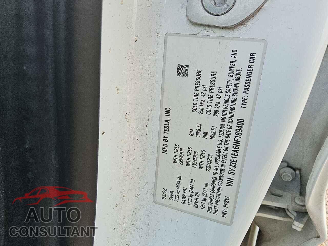 TESLA MODEL 3 2022 - 5YJ3E1EA6NF189400