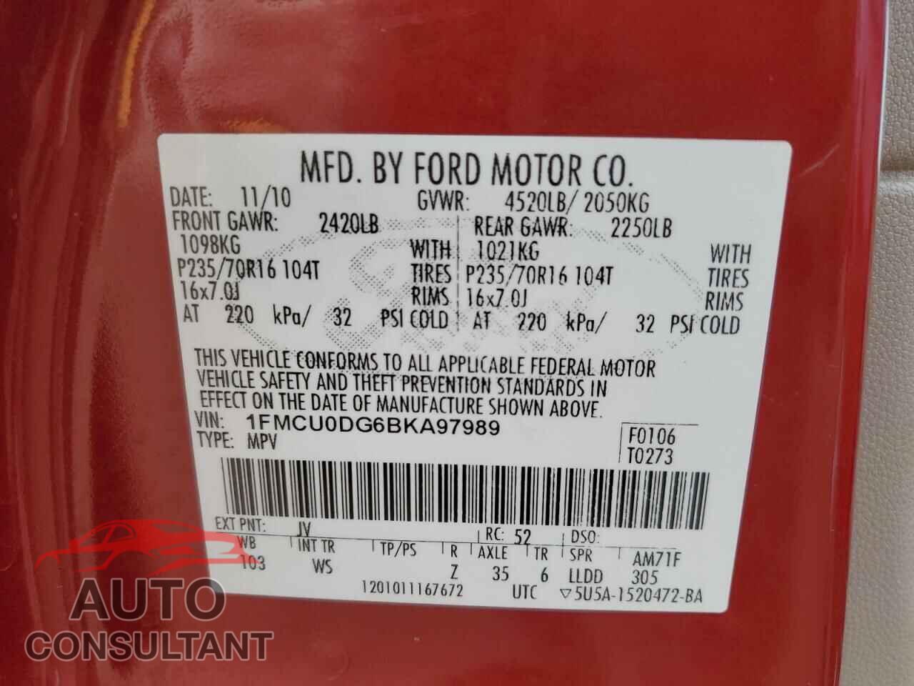 FORD ESCAPE 2011 - 1FMCU0DG6BKA97989