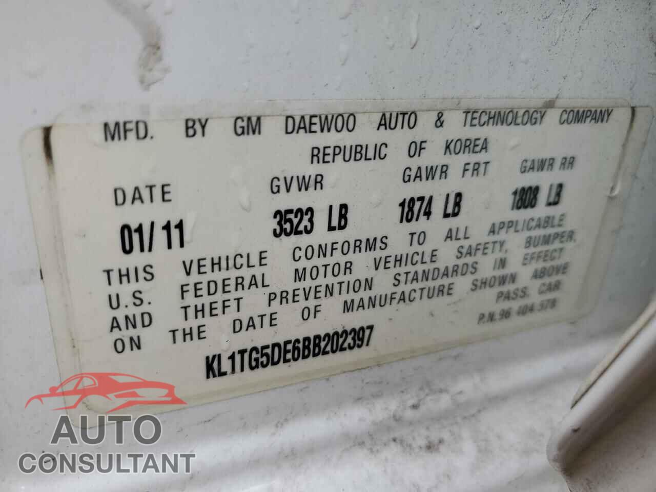 CHEVROLET AVEO 2011 - KL1TG5DE6BB202397