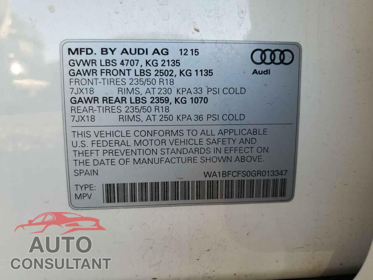 AUDI Q3 2016 - WA1BFCFS0GR013347