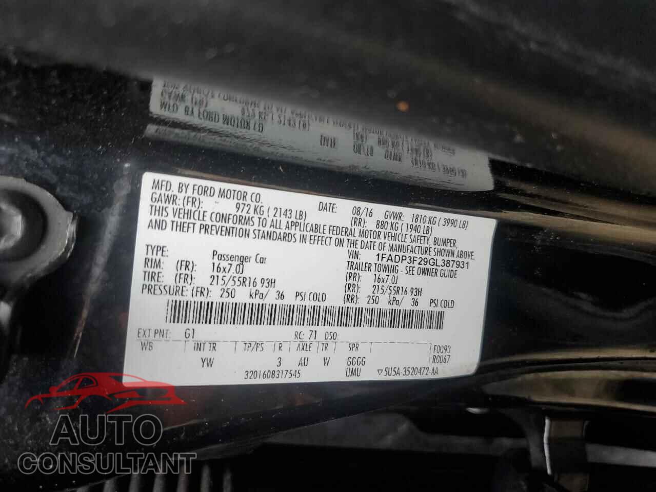 FORD FOCUS 2016 - 1FADP3F29GL387931