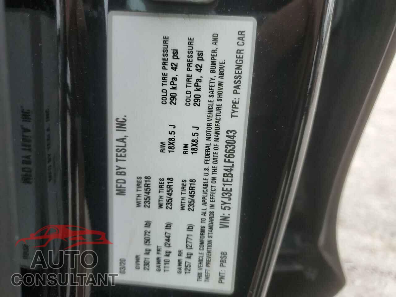 TESLA MODEL 3 2020 - 5YJ3E1EB4LF663043