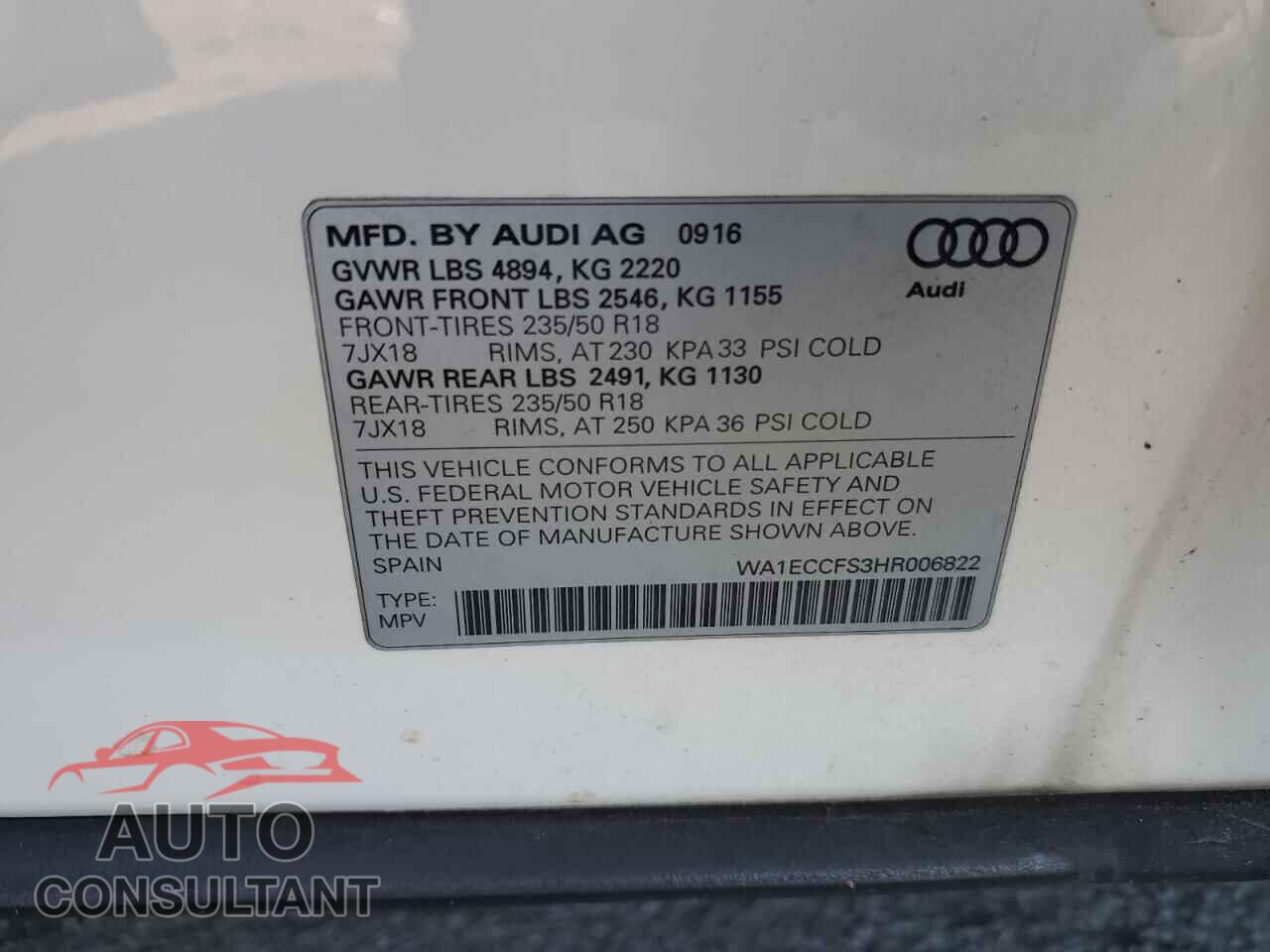 AUDI Q3 2017 - WA1ECCFS3HR006822