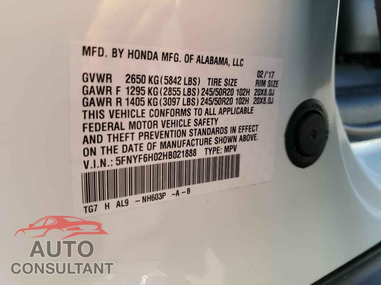 HONDA PILOT 2017 - 5FNYF6H02HB021888