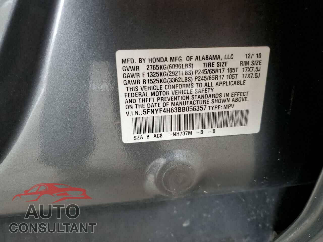 HONDA PILOT 2011 - 5FNYF4H63BB056357