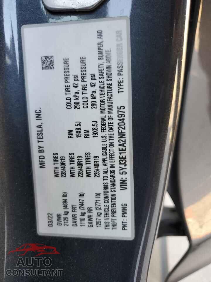 TESLA MODEL 3 2022 - 5YJ3E1EA2NF204975