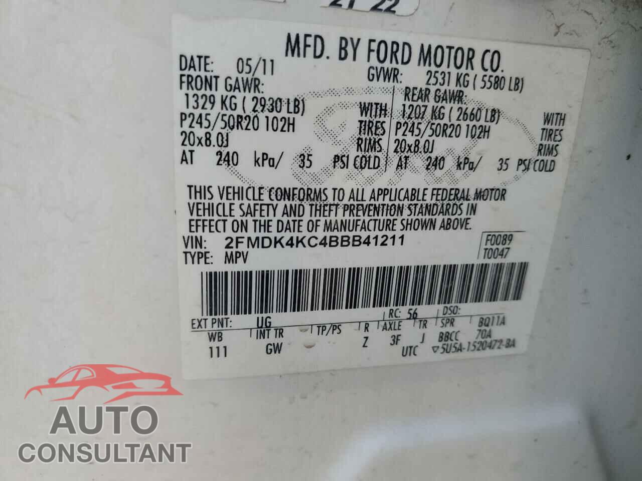 FORD EDGE 2011 - 2FMDK4KC4BBB41211