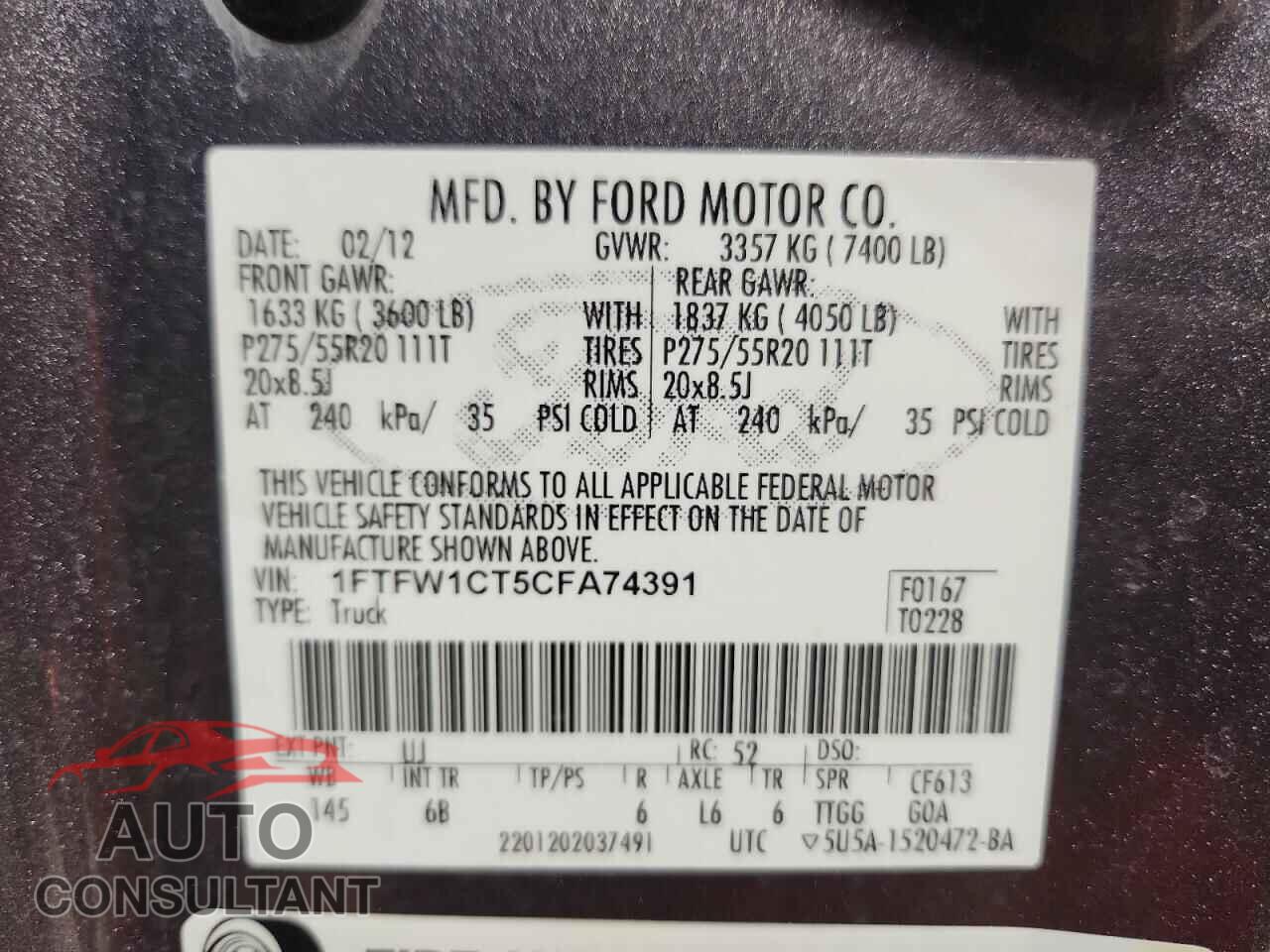 FORD F-150 2012 - 1FTFW1CT5CFA74391
