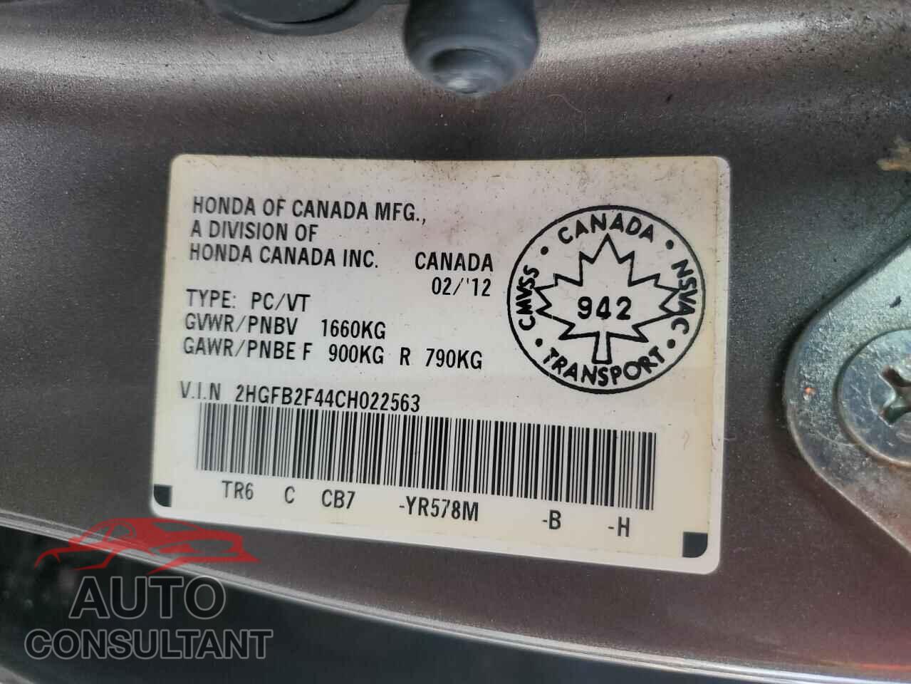 HONDA CIVIC 2012 - 2HGFB2F44CH022563