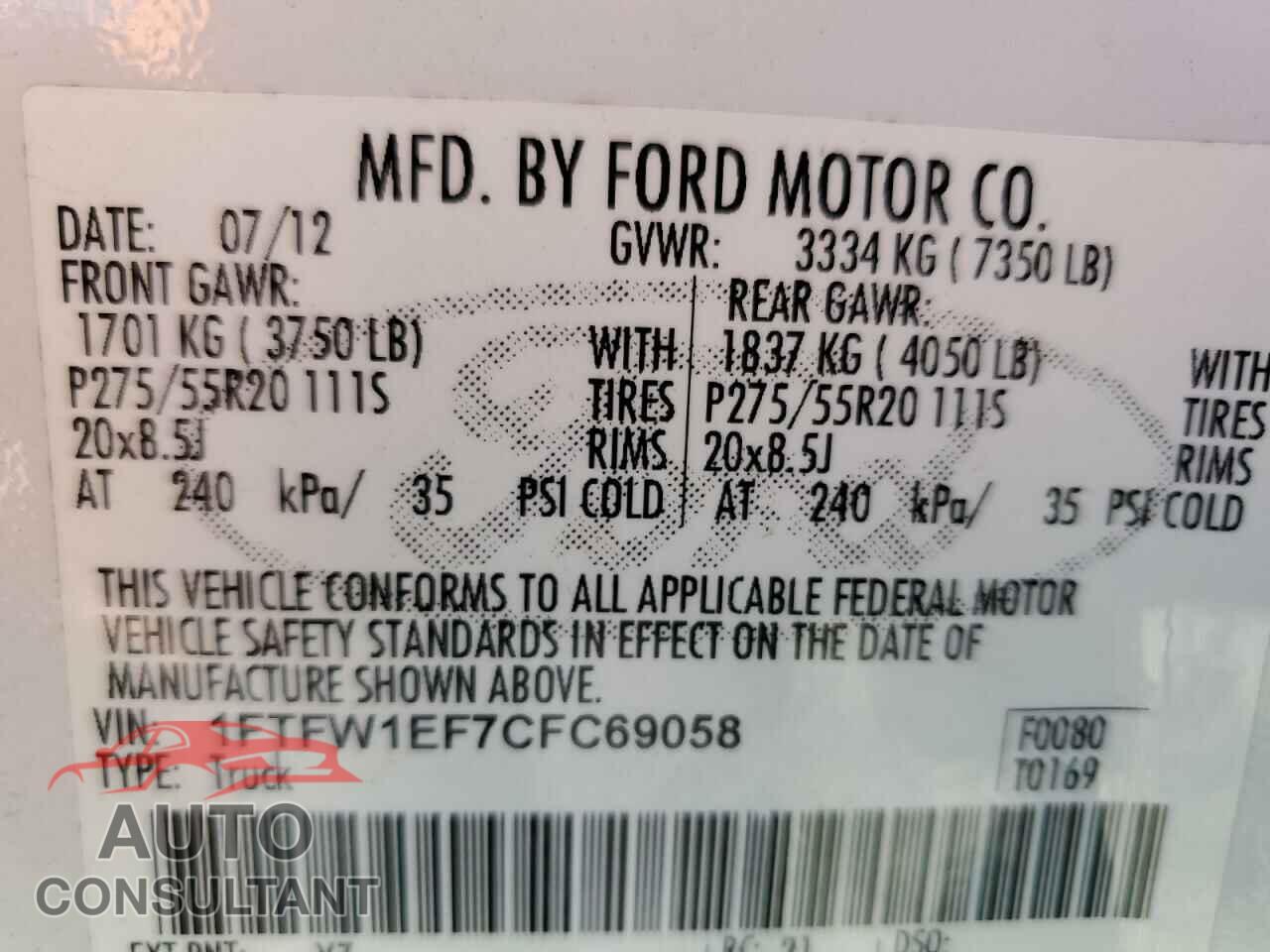FORD F-150 2012 - 1FTFW1EF7CFC69058