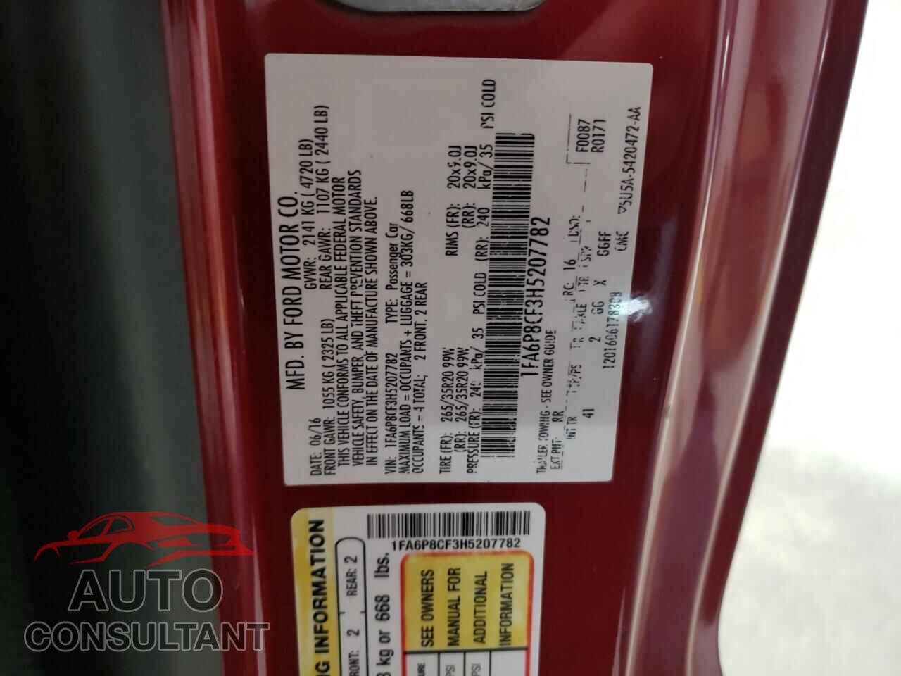 FORD MUSTANG 2017 - 1FA6P8CF3H5207782