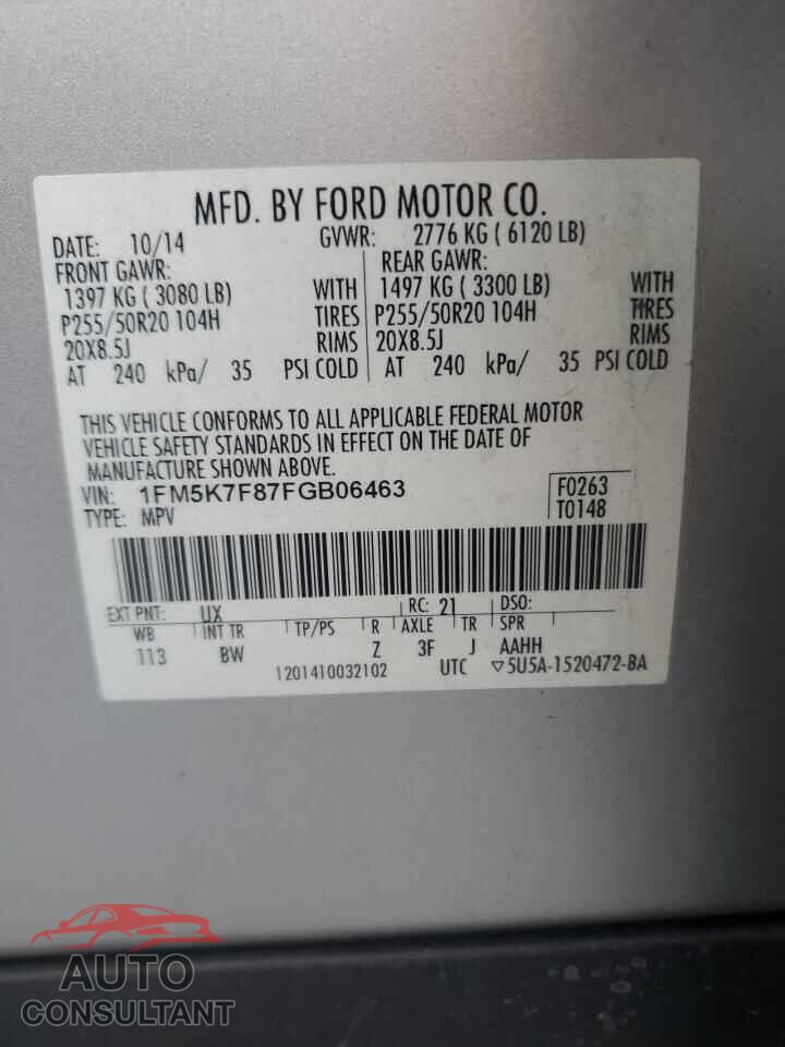 FORD EXPLORER 2015 - 1FM5K7F87FGB06463