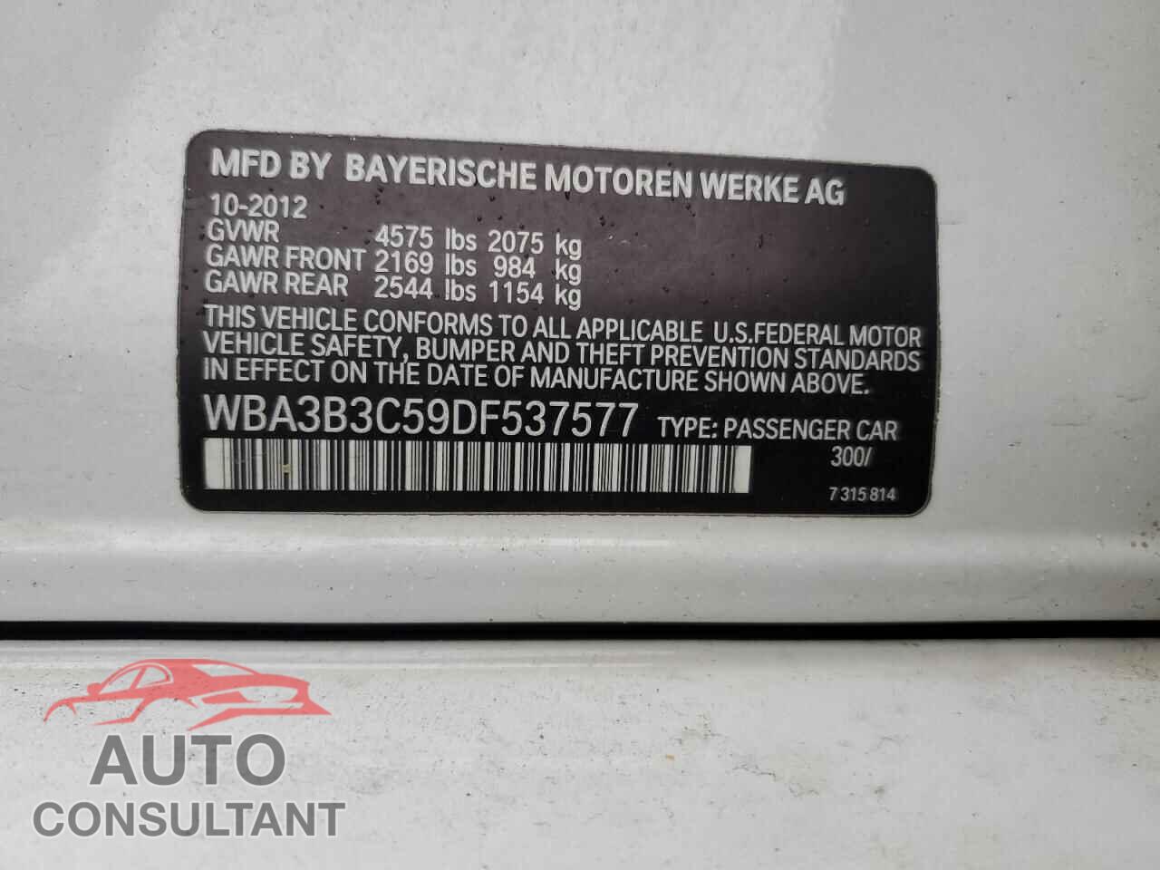 BMW 3 SERIES 2013 - WBA3B3C59DF537577