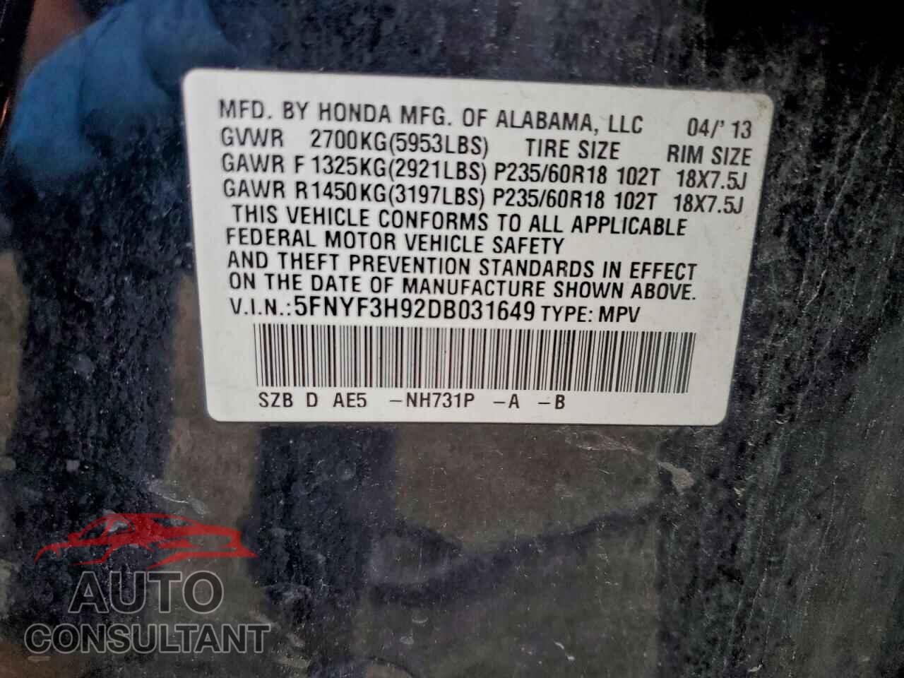 HONDA PILOT 2013 - 5FNYF3H92DB031649