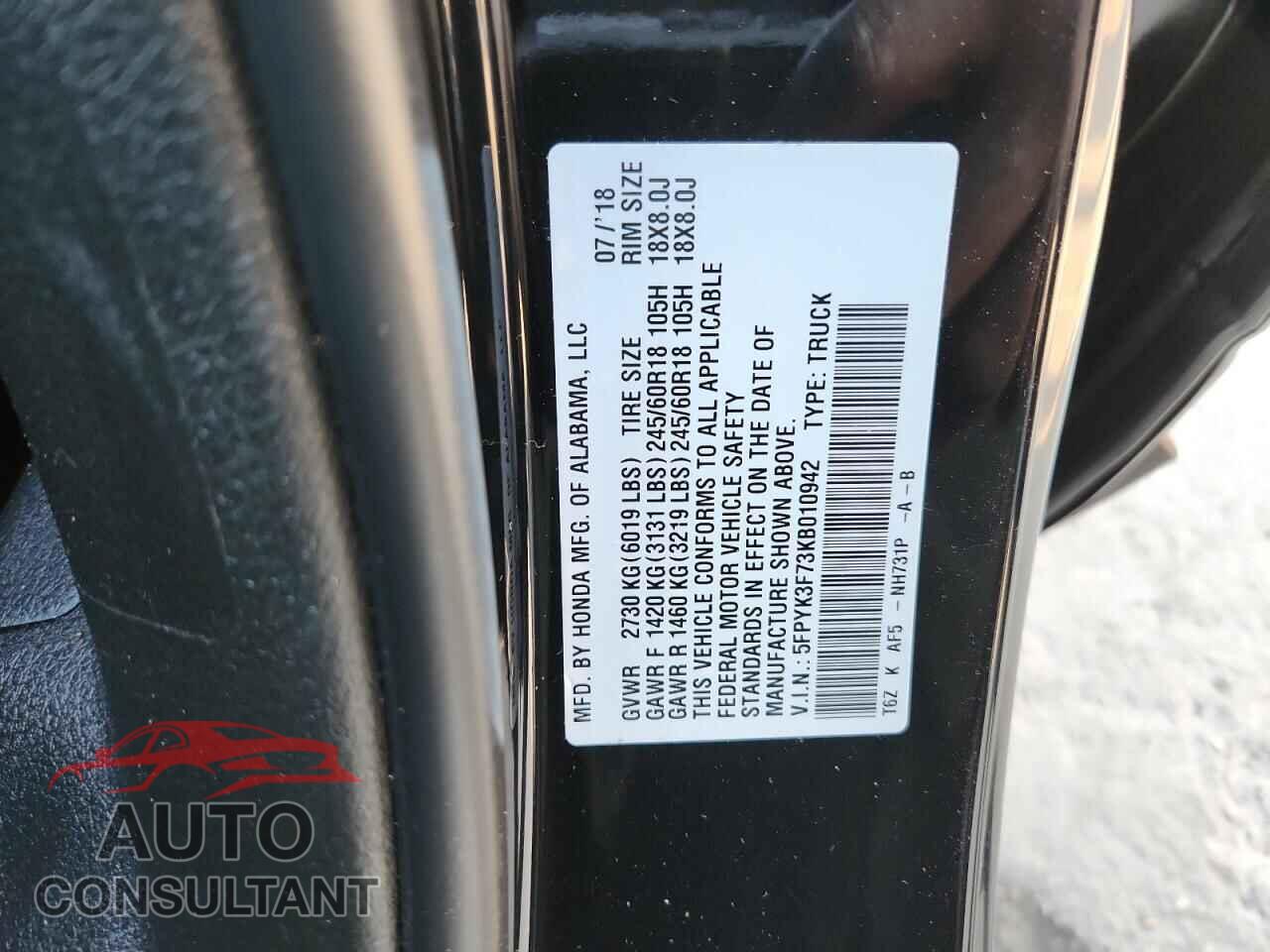 HONDA RIDGELINE 2019 - 5FPYK3F73KB010942