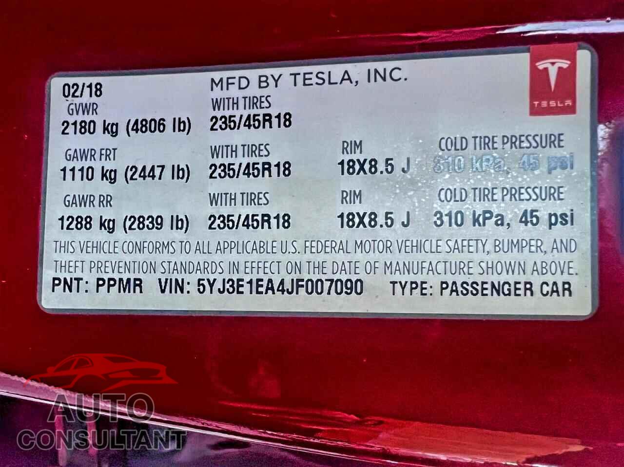 TESLA MODEL 3 2018 - 5YJ3E1EA4JF007090